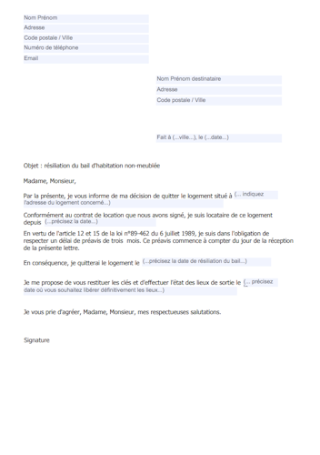 lettre de résiliation de bail avec 3 mois de préavis