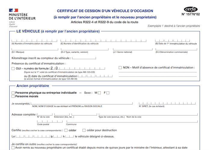 une capture écran du certificat de cession d'un véhicule d'occassion