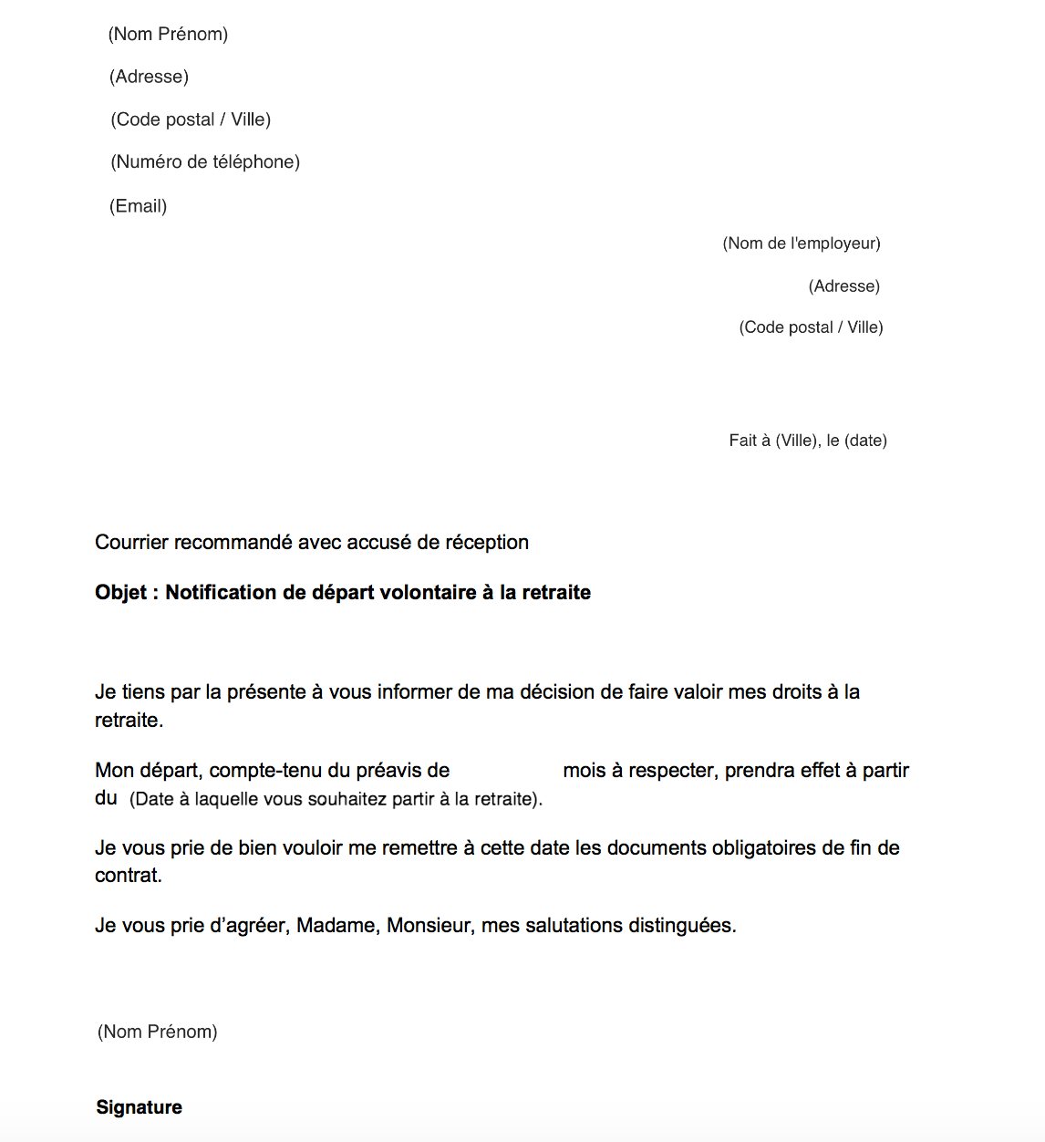 Lettre de départ à la retraite à 62 ans Ekie