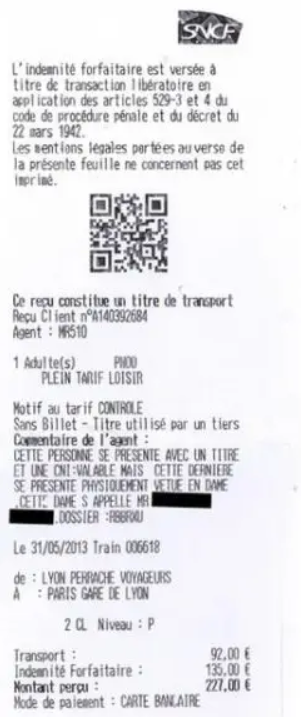 L'image représente le reçu du paiement d'une amende SNCF.