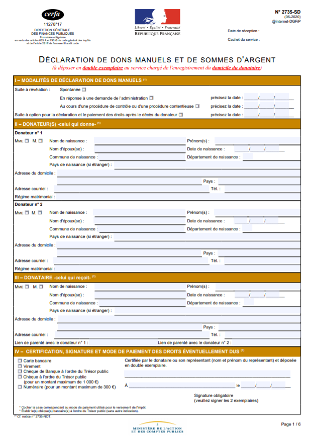 L'image représente le formulaire d'exonération du don familial.