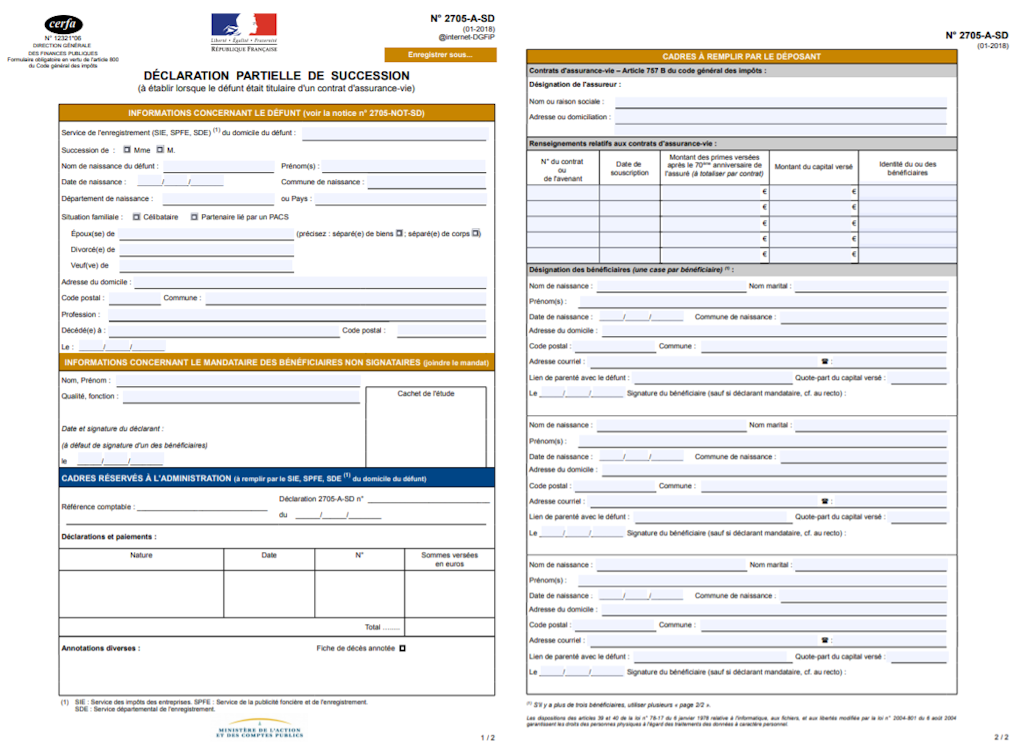 L'image représente le formulaire de déclaration partielle de succession. 