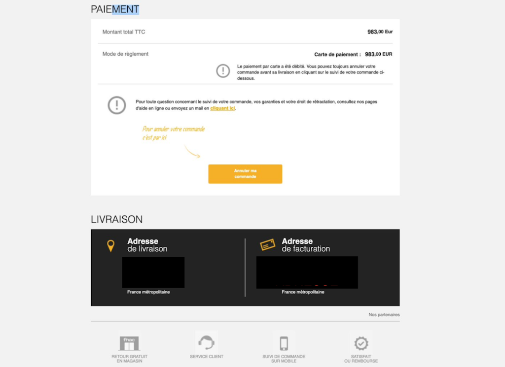 Cette e-mail montre un e-mail frauduleux FNAC.