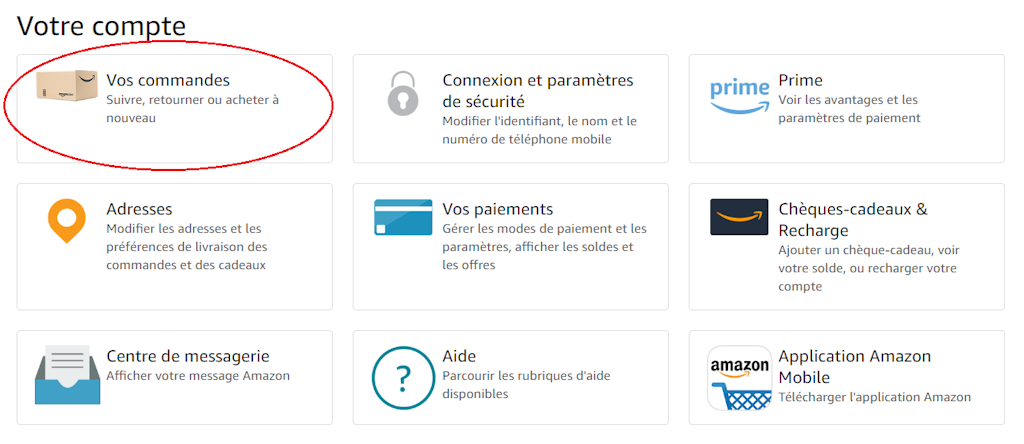 L'image représente le chemin d'accès pour l'historiques des commandes Amazon.