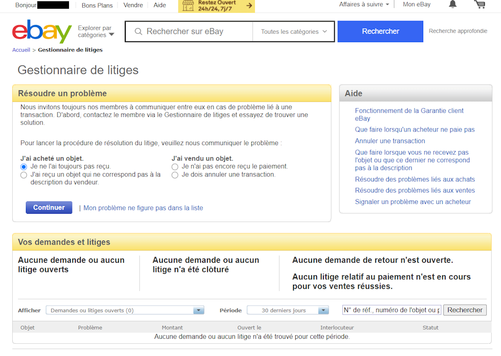 L'image représente le formulaire de litige eBay.