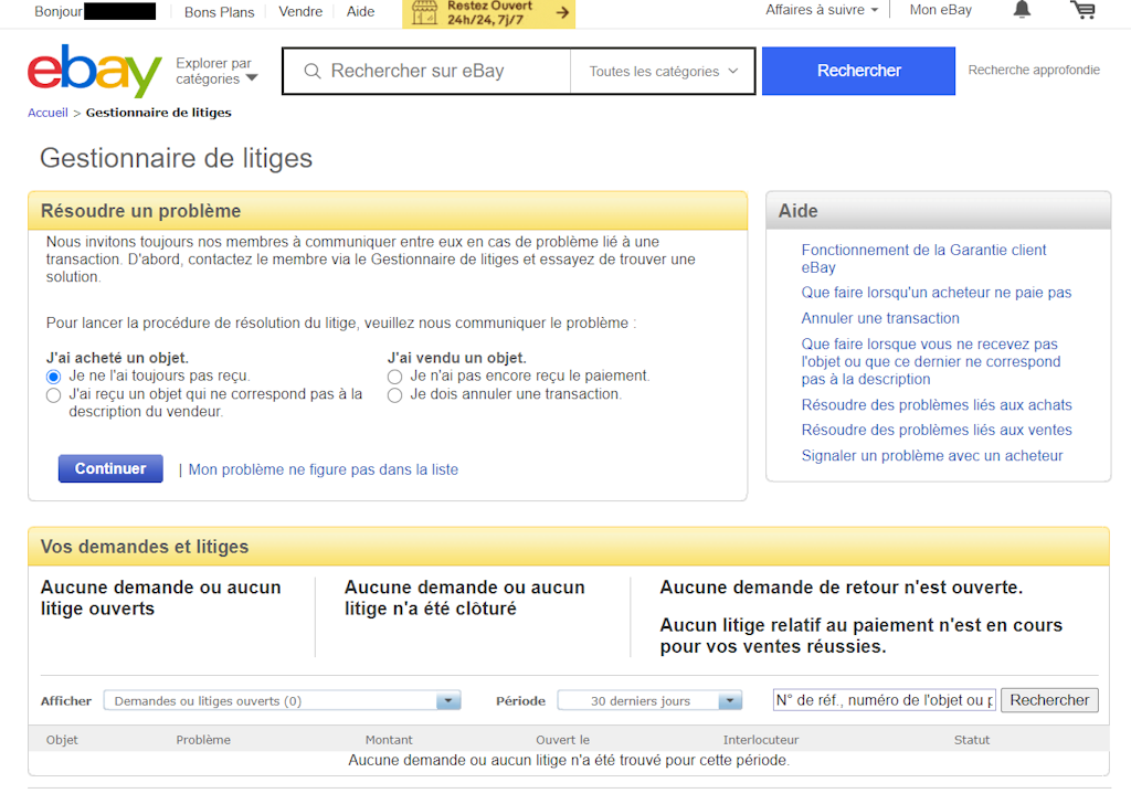 L'image représente le formulaire de litige eBay. 