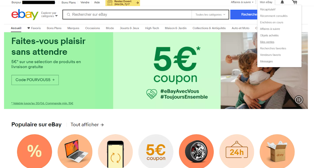 L'image représente le chemin pour accéder à l'aide eBay depuis le site.