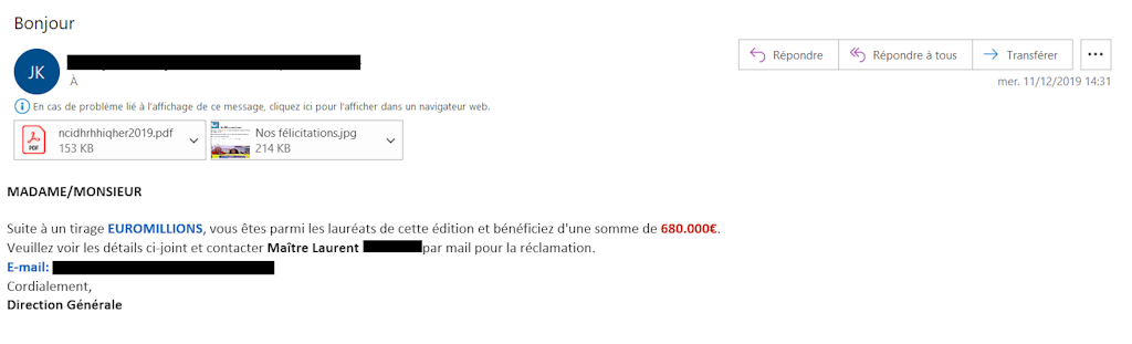 L'image représente un exemple d'escroquerie à la loterie.
