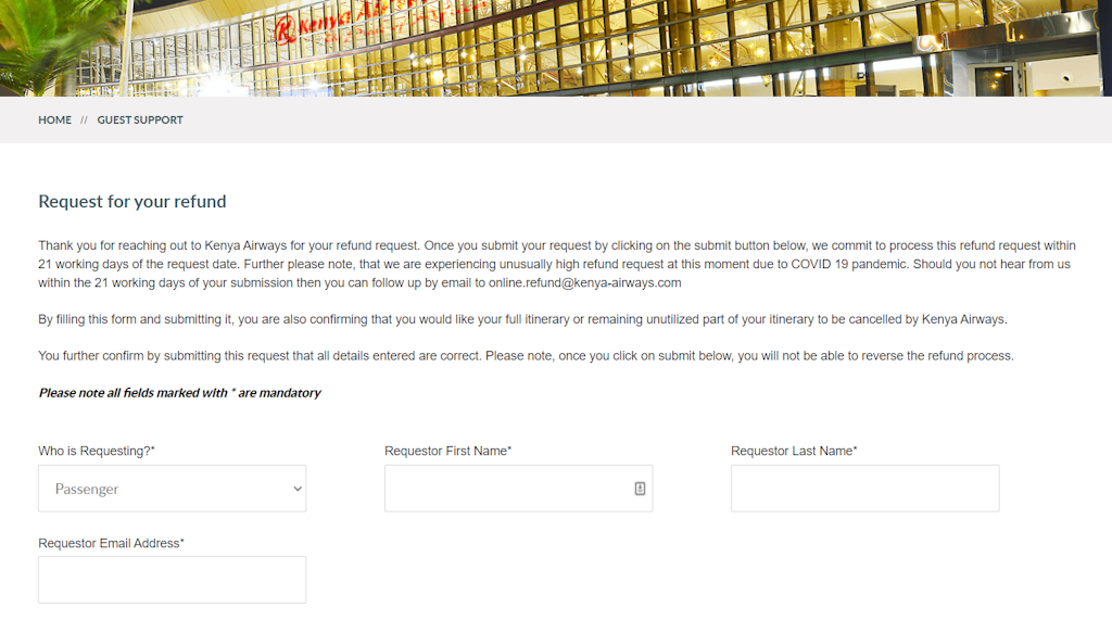 Cette image représente le formulaire de réclamation Kenya Airways.