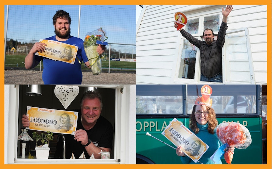 MILLIONÆRER: Leif Bredor Stokka fra Sveio, Denis Basara fra Evanger, Birger Pollen fra Moss og Linda Therese Thorvaldsen fra Nes vant alle 1 million kroner i Nabolaget.