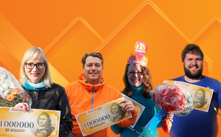 Fotomontasje med noen av Nabolaget-millionærerne. F.v.: Gro Martine Pettersen, John Harald Log, Linda Therese Thorvaldsen og Leif Bredor Stokka.