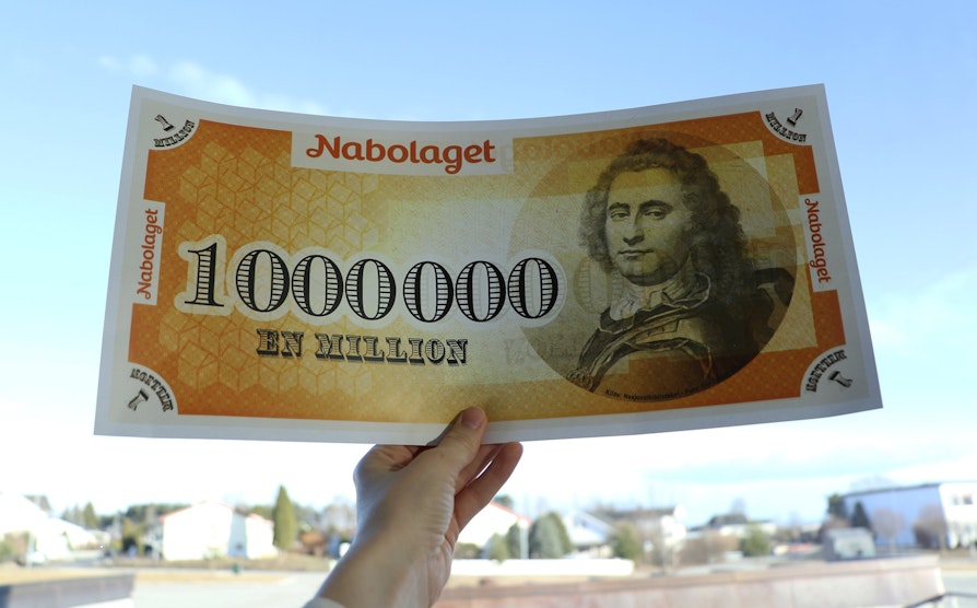 Nabolaget, millionsjekk, illustrasjon, millionær