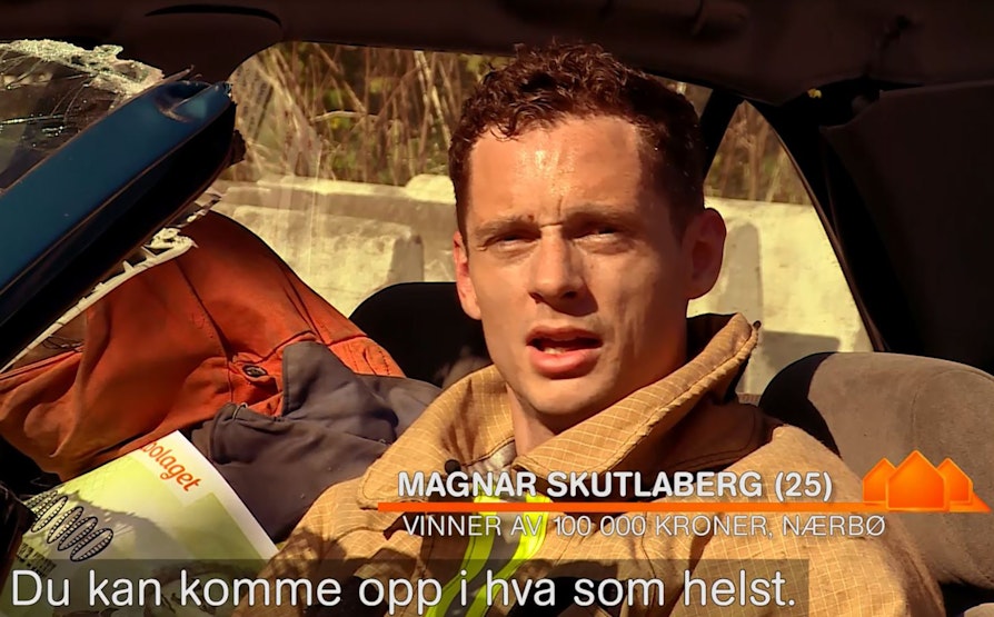 Brannmann Magnar Skutlaberg (25) fra Nærbø vant 100.000 kroner i Nabolaget 20. mai 2016.