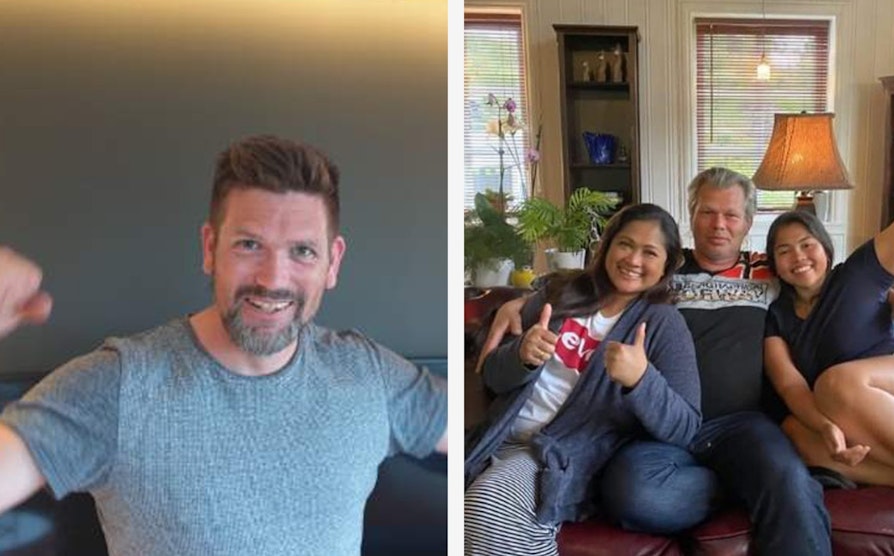 VINNERJUBEL: Tor Jan Granberg (t.v) jubler etter å ha blitt Lotto-millionær. Det kunne også Muhammad Rashdan Storum (i midten på bildet til høyre) som er sammen med datteren Hannah Storum og kona Nani.