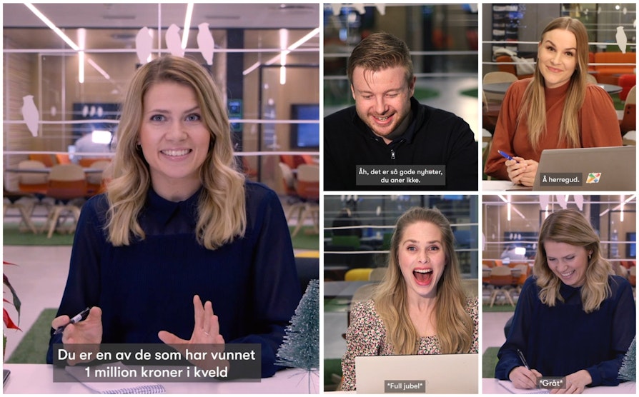 Supertrekning - bilde til trekningen jul 18. desember 2021. På bildet: Pernille Storholm Skaret, Lars Hulleberg, Pie Skagsoset Norseng (øverst til høyre) og Line Troller.