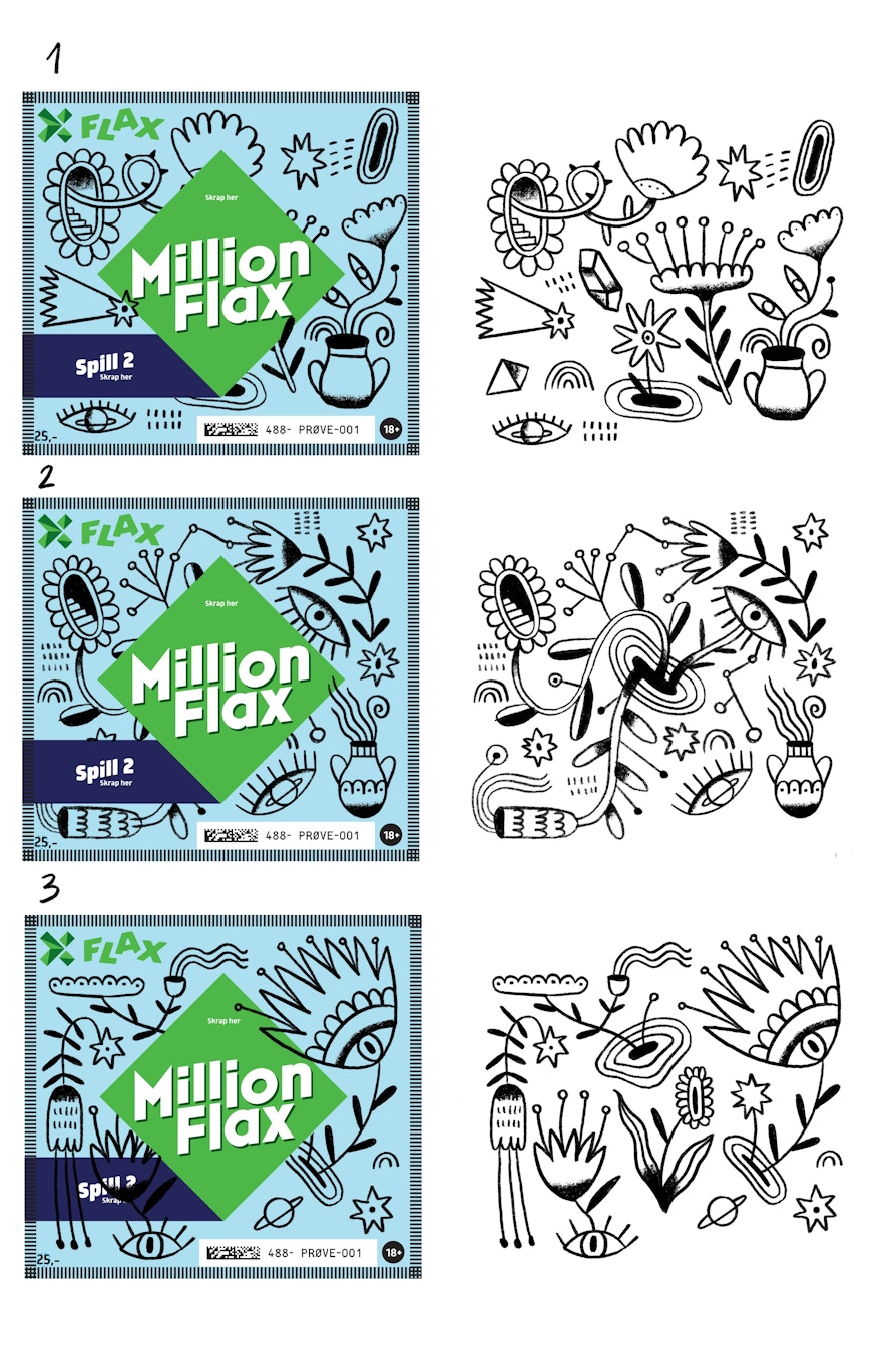 Bilder av seks ulike skisser til MillionFlax laget av Ingunn Dybendal