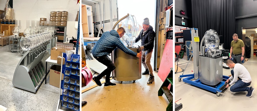 Tre forskjellige bilder. Det første viser trekningsmaskin for Lotto - på fabrikken utenfor Paris. Det andre bildet viser to personer, menn, som frakter maskinen av en lastebil og inn i et lokale. Det tredje viser trekningsmaskinen som fraktes inn i tv-studioet der Lotto-trekningene gjennomføres.