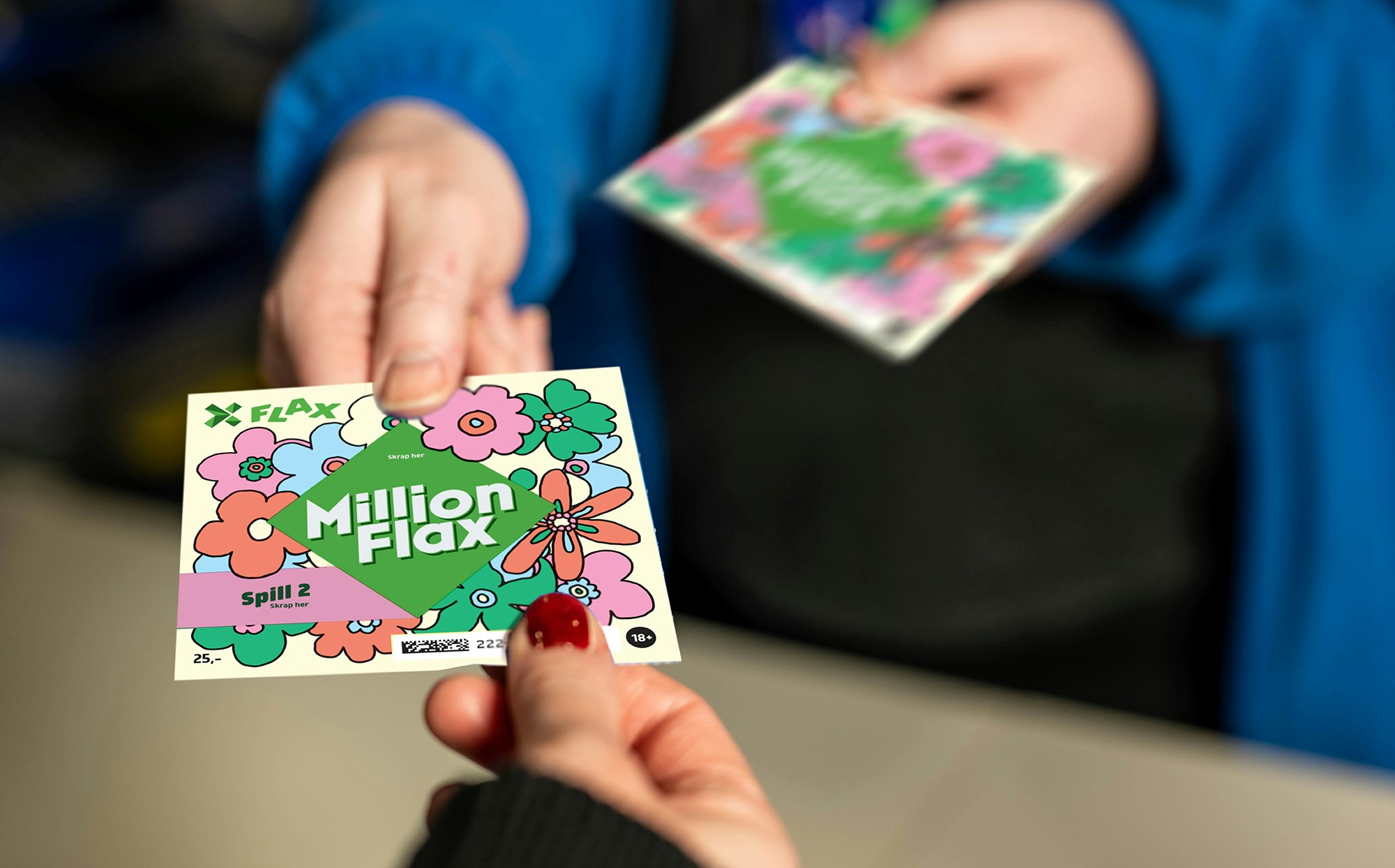 Nærbilde (foto) viser et MillionFlaxlodd (vår-utgave) veksles inn