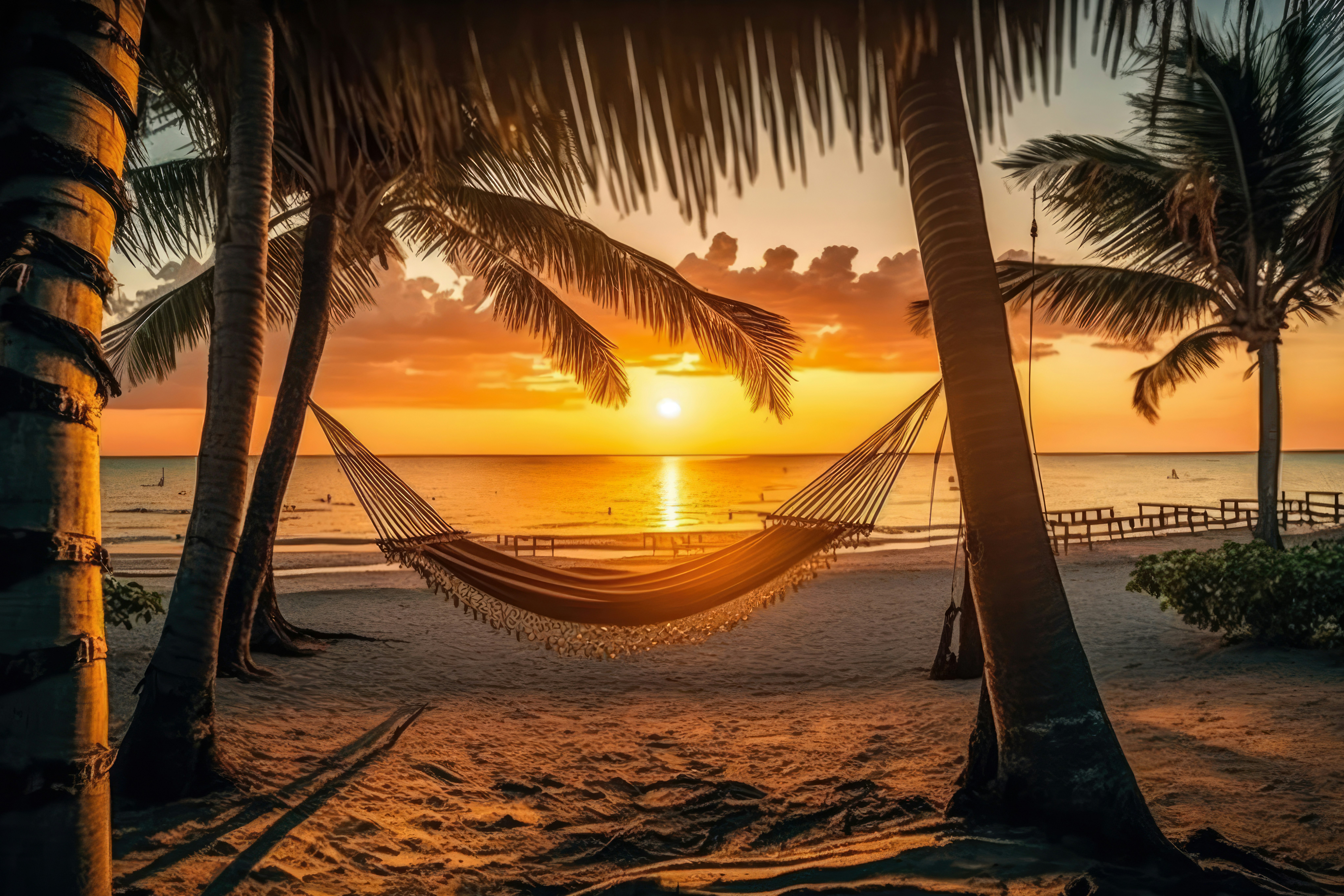 Sydhavsstrand i solnedgang med en hengekøye mellom palmene.