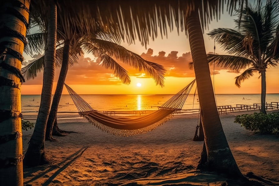 Sydhavsstrand i solnedgang med en hengekøye mellom palmene.
