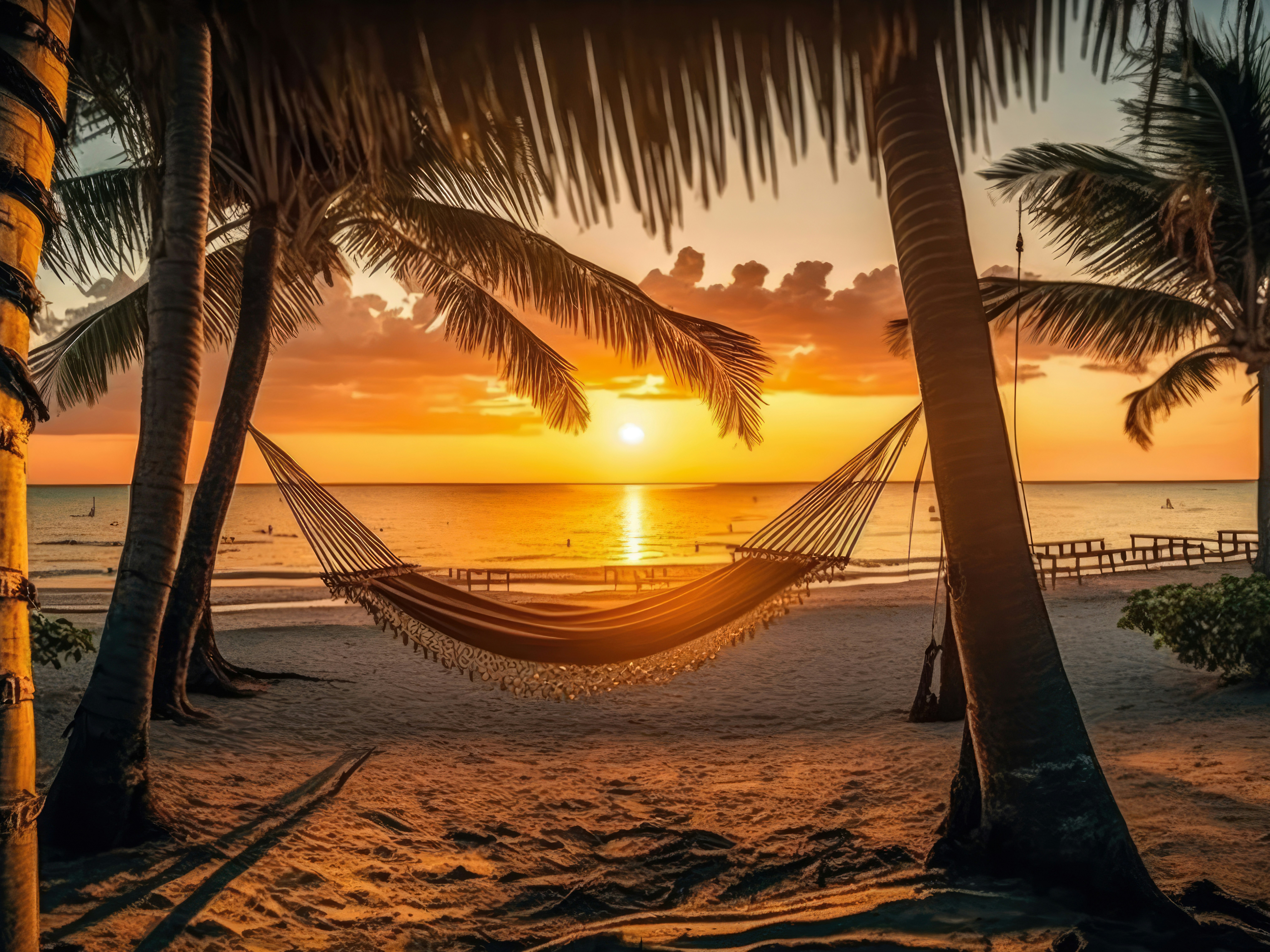 Sydhavsstrand i solnedgang med en hengekøye mellom palmene.