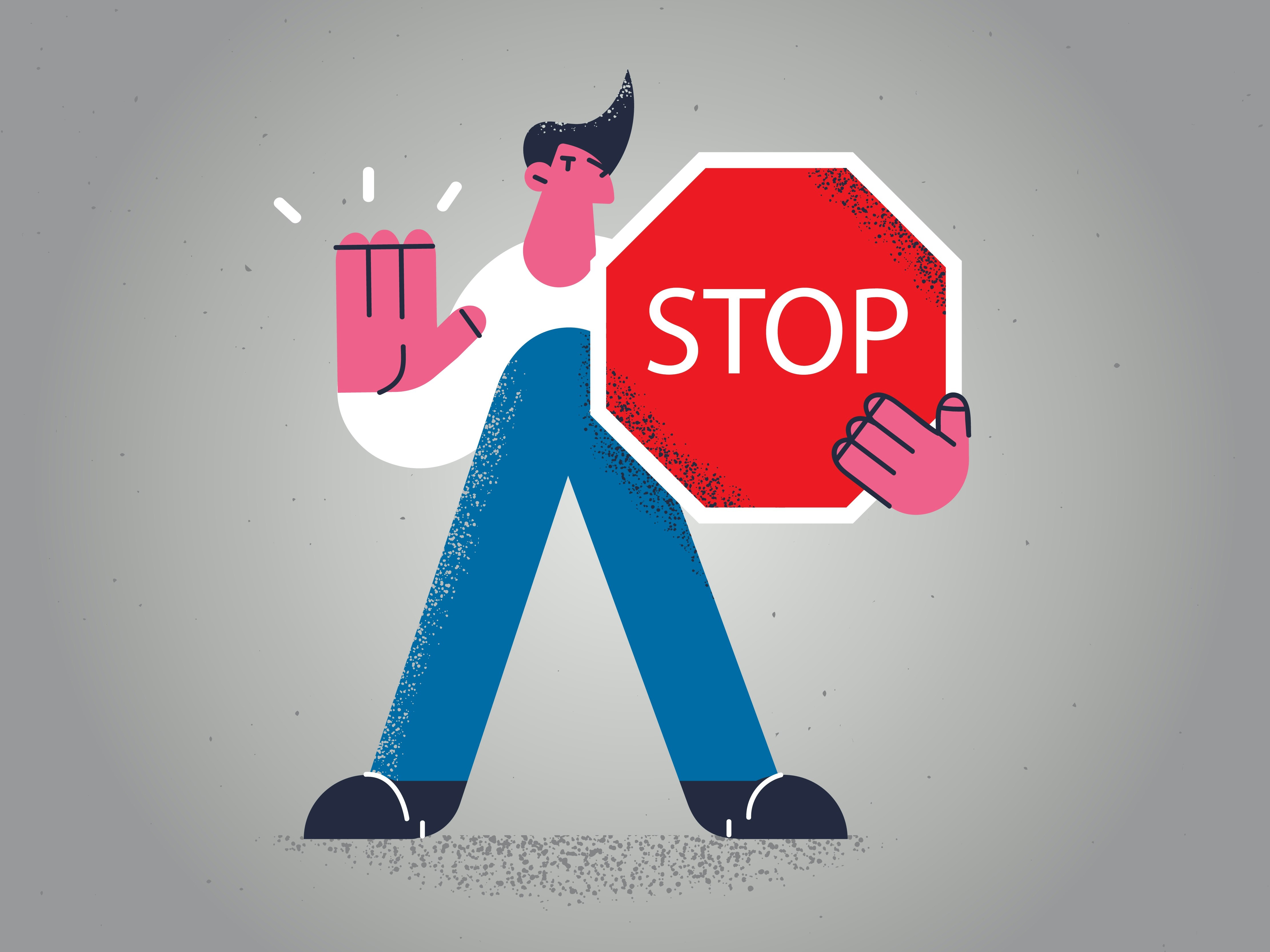 Tegning av mann med et stoppskilt i den ene hånda. Med den andre hånda signaliserer han stopp ved å holde håndflata fram.