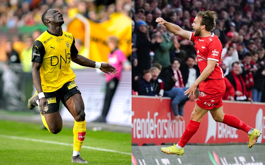 To fotballspillere som jubler, en i gul drakt og en i rød