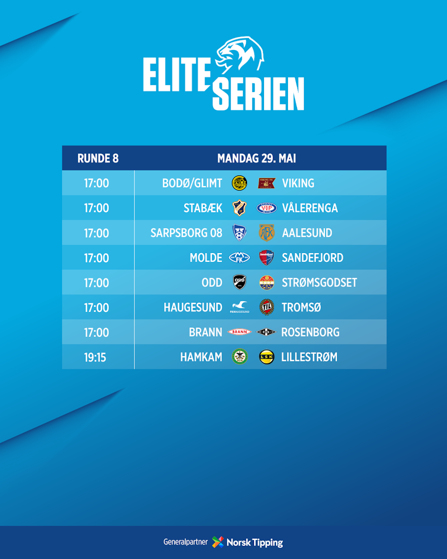 Bodø/Glimt - Viking, Stabæk - Vålerenga, Sarpsborg 08 - Aalesund, Molde - Sandefjord, Odd - Strømsgodset, Haugesund - Tromsø, Brann - Rosenborg, HamKam - Lillestrøm.