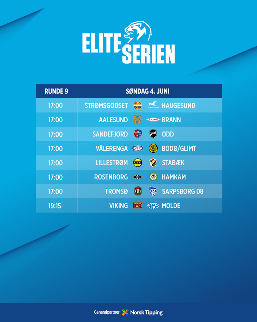 Strømsgodset - Haugesund, Aalesund - Brann, Sandefjord - Odd, Vålerenga - Bodø/Glimt, Lillestrøm - Stabæk, Rosenborg - HamKam, Tromsø - Sarpsborg 08, Viking - Molde.