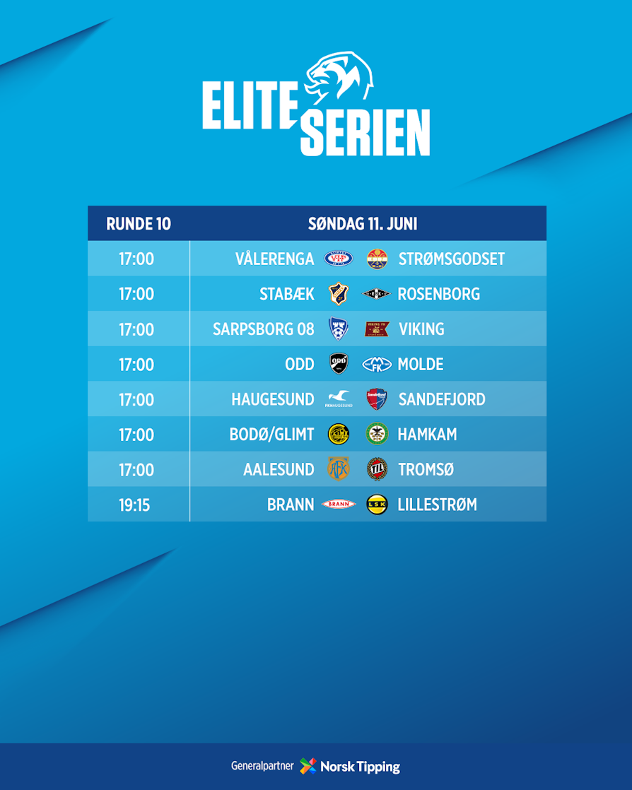 HELE RUNDEN: Vålerenga - Strømsgodset, Stabæk - Rosenborg, Sarpsborg 08 - Viking, Odd - Molde, Haugesund - Sandefjord, Bodø/Glimt - HamKam, Aalesund - Tromsø, Brann - Lillestrøm.