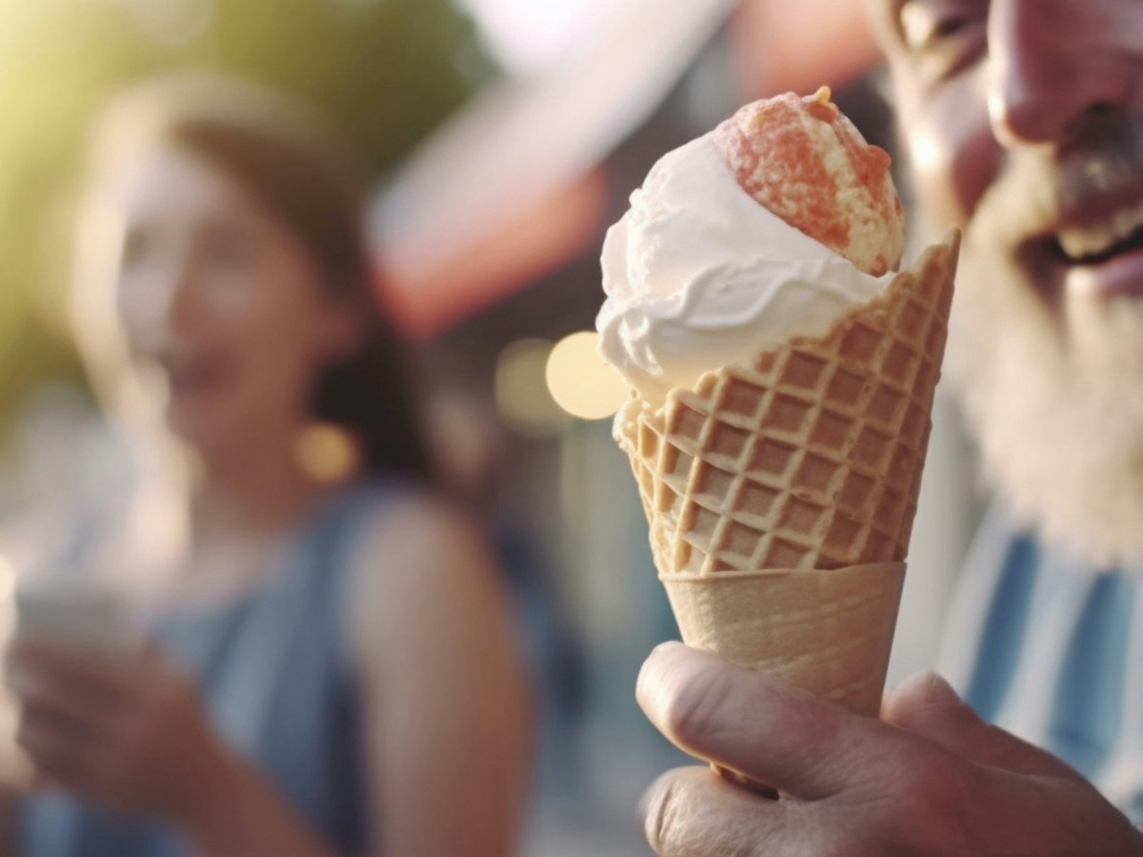 En iskrem med en glad mann og kvinne i bakgrunnen
