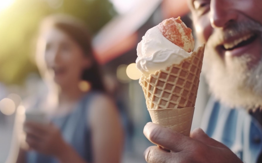 En iskrem med en glad mann og kvinne i bakgrunnen