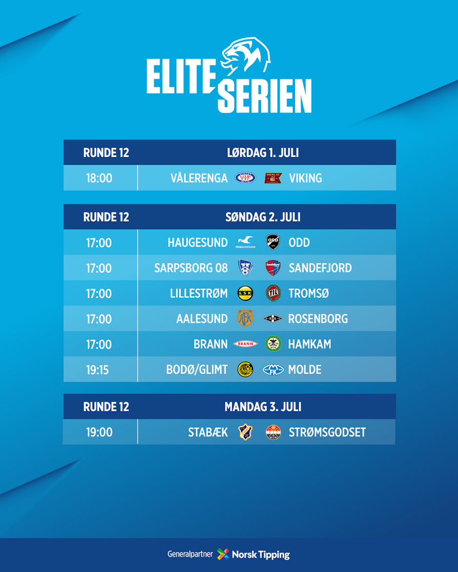 HELE RUNDEN: Vålerenga - Viking, Haugesund - Odd, Sarpsborg 08 - Sandefjord, Lillestrøm - Sandefjord, Aalesund - Rosenborg, Brann - HamKam, Bodø/Glimt - Molde, Stabæk - Strømsgodset.