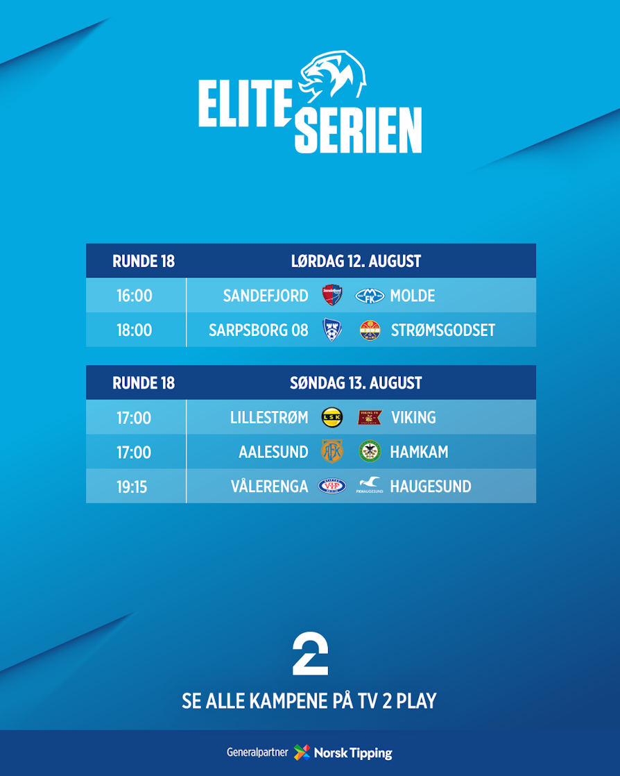 HELE RUNDEN: Sandefjord - Molde, Sarpsborg 08 - Strømsgodset, Lillestrøm - Viking, Aalesund - HamKam, Vålerenga - Haugesund.
