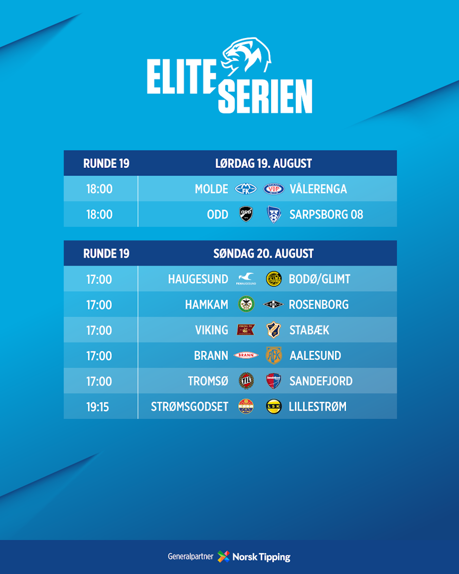Eliteserie-runden: Molde - Vålerenga, Odd - Sarpsborg 08, Haugesund - Bodø/Glimt, HamKam - Rosenborg, Viking - Stabæk, Brann - Aalesund, Tromsø - Sandefjord, Strømsgodset - Lillestrøm.