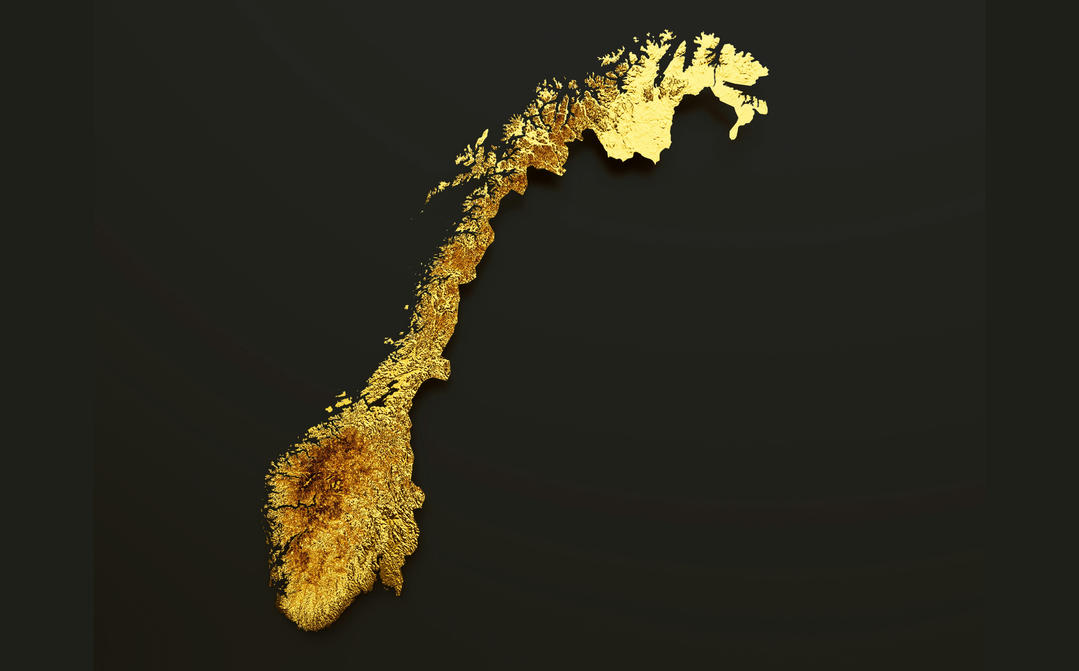 kart av Norge i gull mot svart bakgrunn