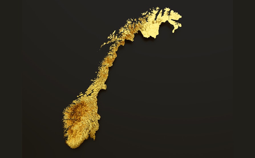 kart av Norge i gull mot svart bakgrunn
