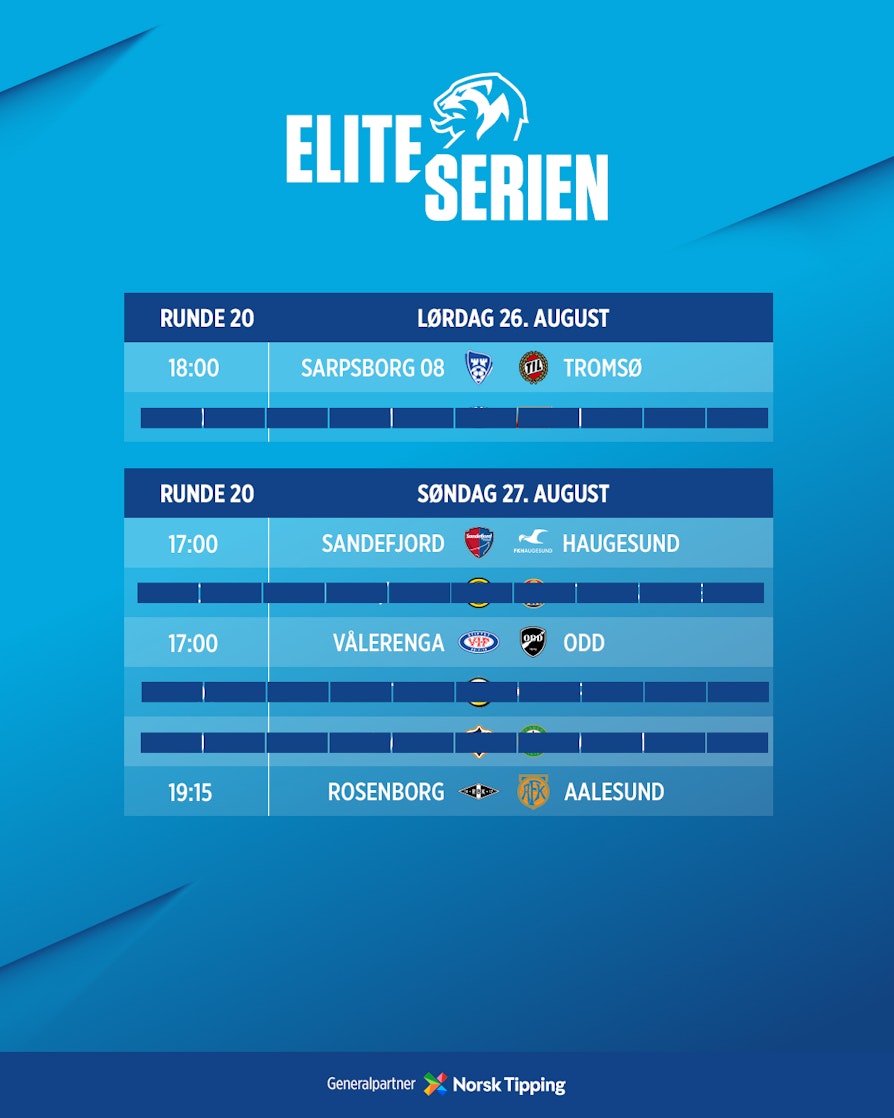 HELGENS ELITESERIE-RUNDE: Sarpsborg 08 - Tromsø, Sandefjord - Haugesund, Vålerenga - Odd, Rosenborg - Aalesund.