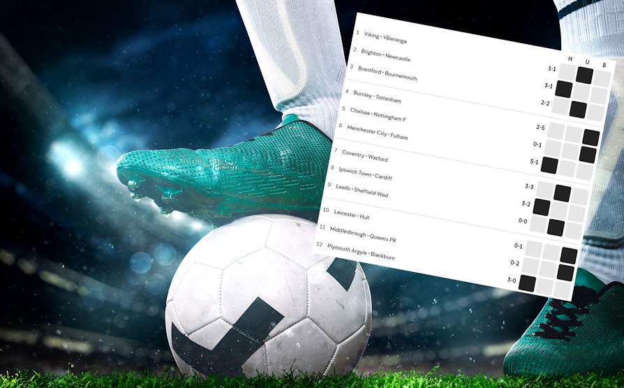 Fotball, fotballsko og tippekupongen med resultat for Lørdagskupongen 2. september 2023.