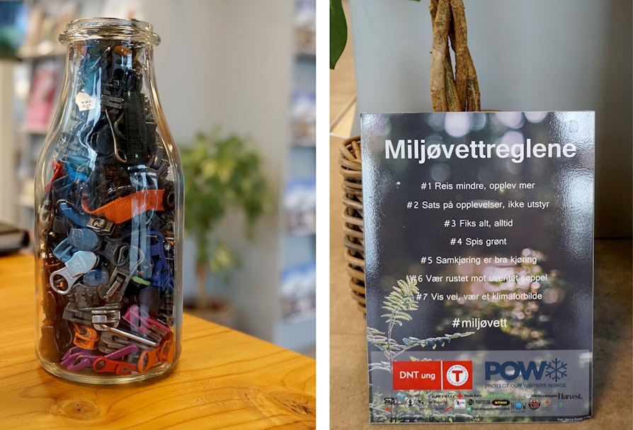 Bilde av et glass med glidelåsdragere til venstre. Til høyre et bilde av en pamflett med "Miljøvettreglene".