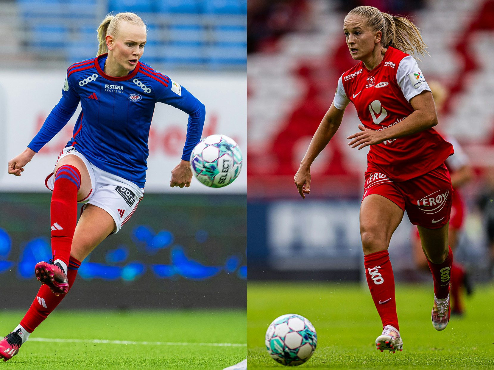 Vålerenga-spiller Karina Sævik (t.v) og Brann-spiller Amalie Eikeland. Toppserien i fotball.