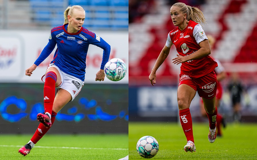 Vålerenga-spiller Karina Sævik (t.v) og Brann-spiller Amalie Eikeland. Toppserien i fotball.