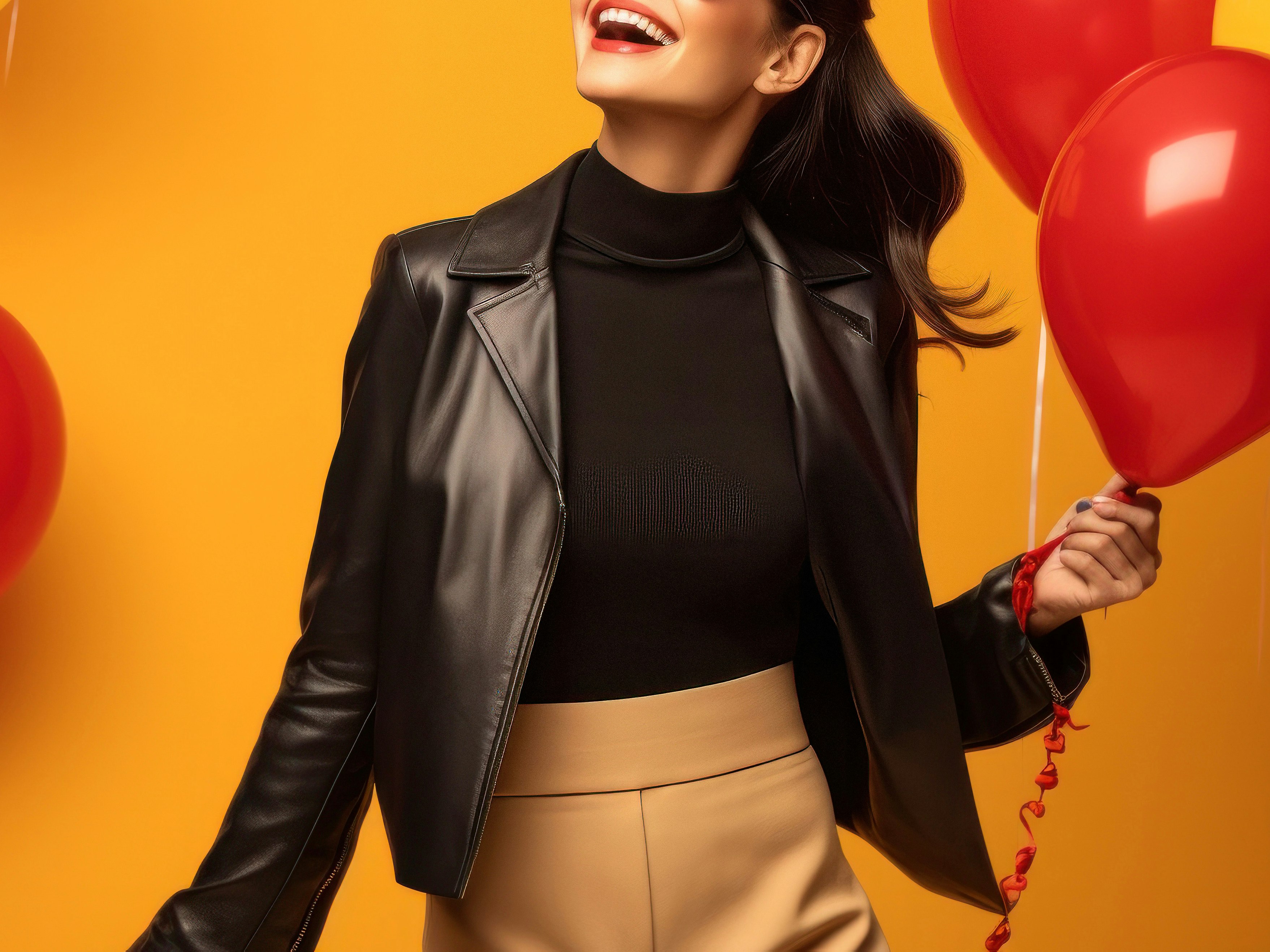 Kvinne med svart overdel og brunt skjørt som holder i ballonger