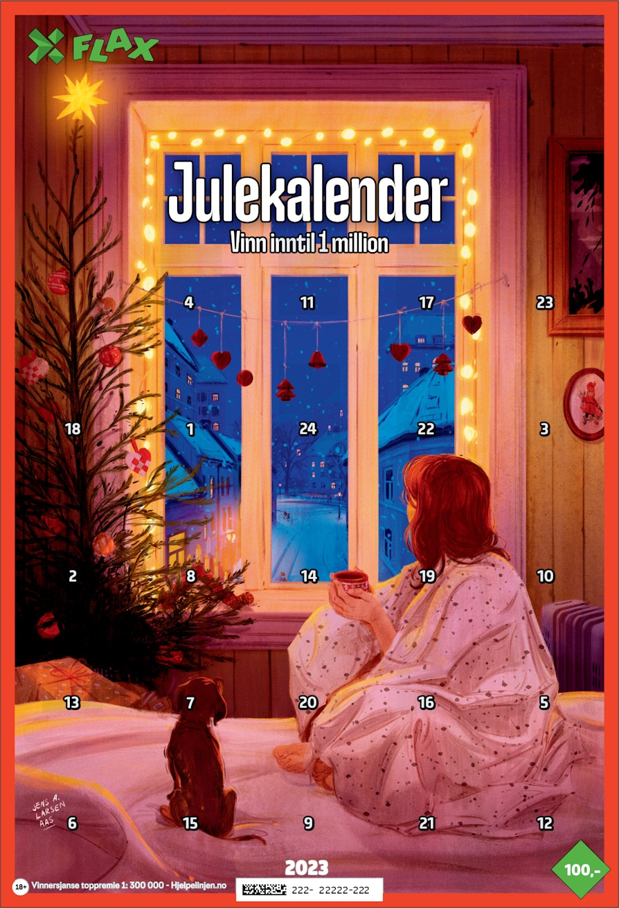 Årets Flax Julekalender med motiv av en kvinne inntullet i teppe med en kopp mellom hendene, sittende på en seng i et rom med juletre med en brun liten hund ved sin side, mens hun ser ut av vinduet ut på en vinterby.