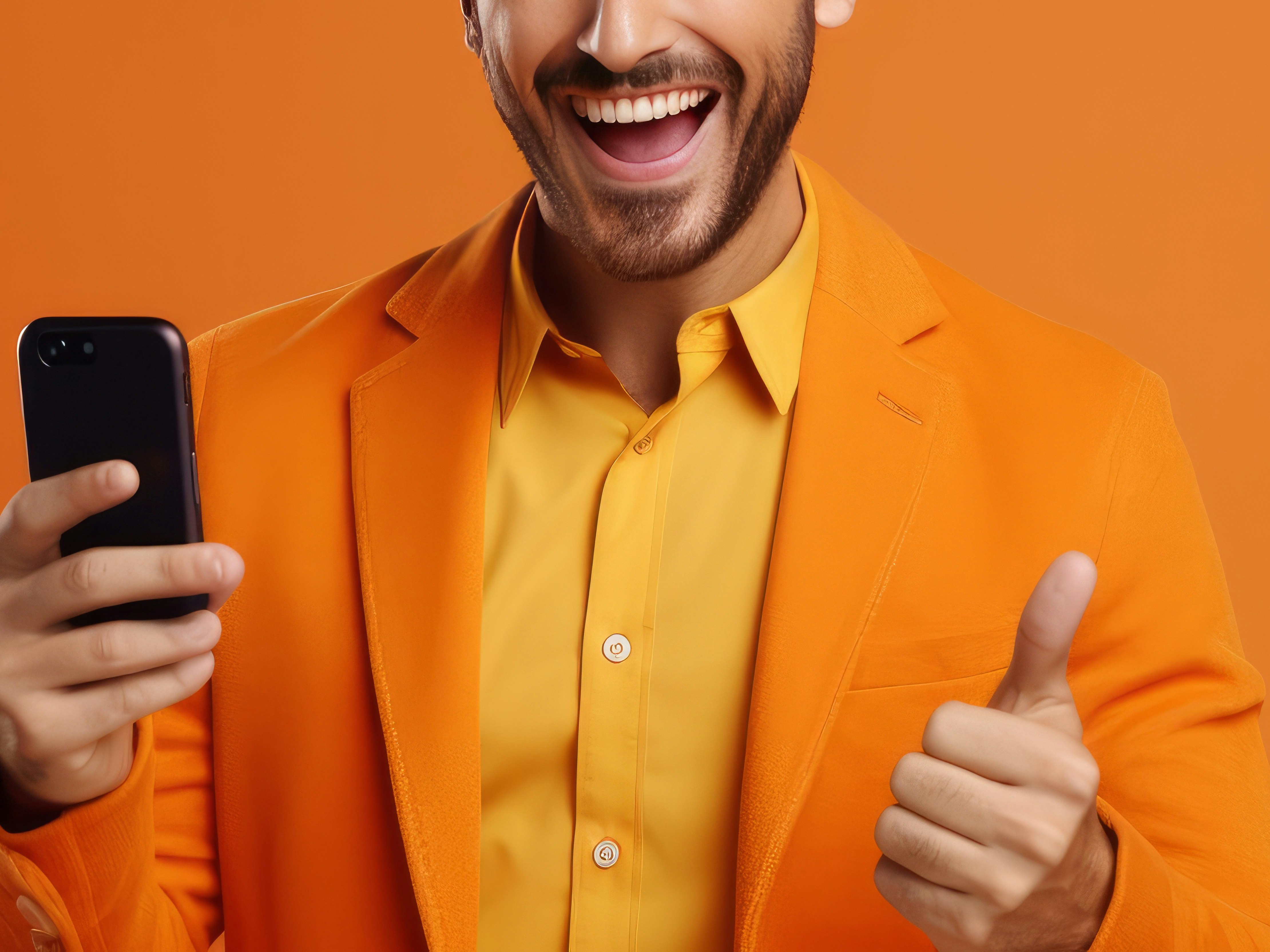 Mann i oransje jakke og oransje skjorte. Tommel opp og en telefon i den andre hånden