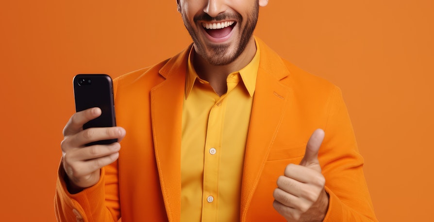 Mann i oransje jakke og oransje skjorte. Tommel opp og en telefon i den andre hånden