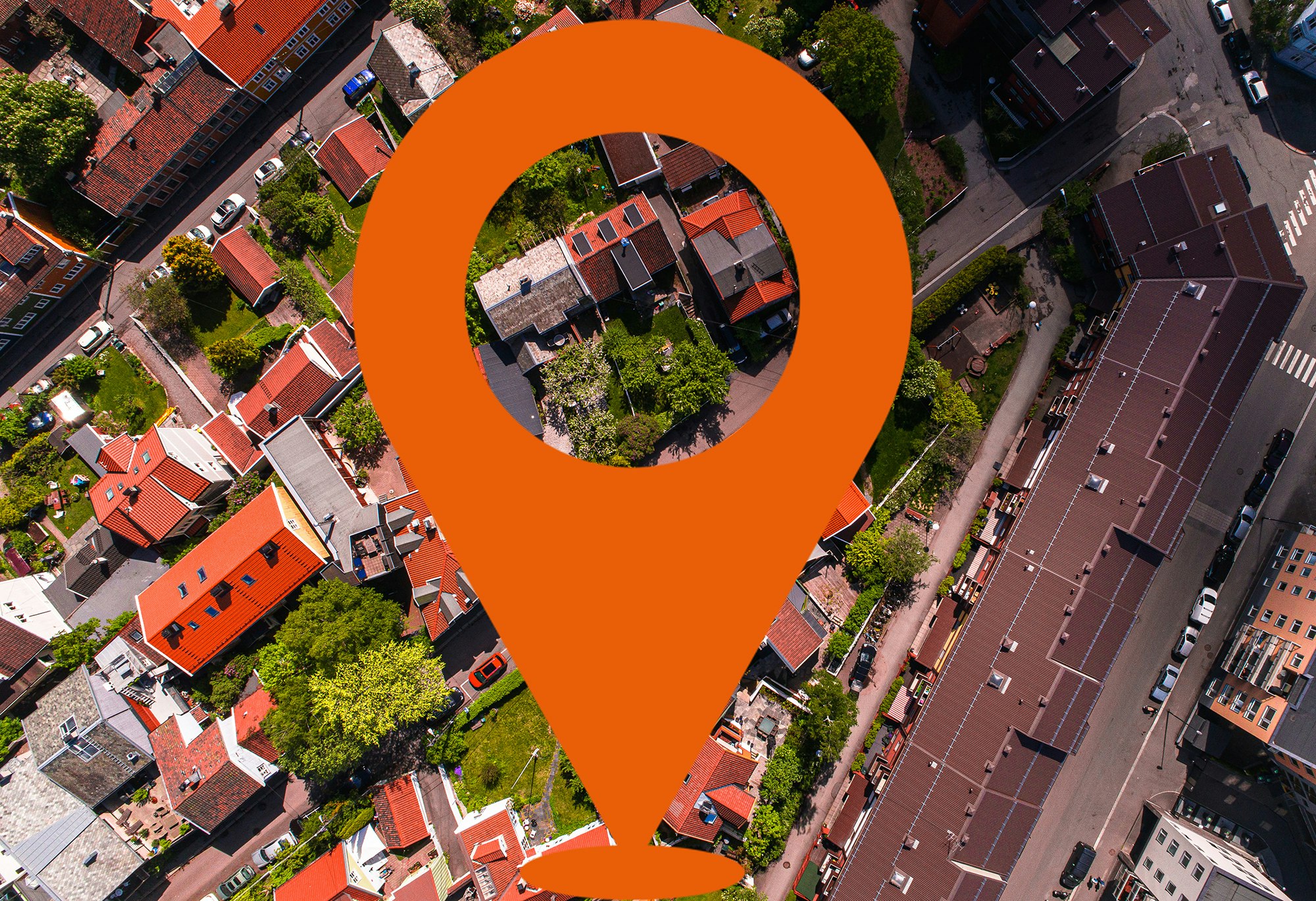Flyfoto av Grunerløkka i Oslo. Nabolagets geotag er lagt oppå bildet.