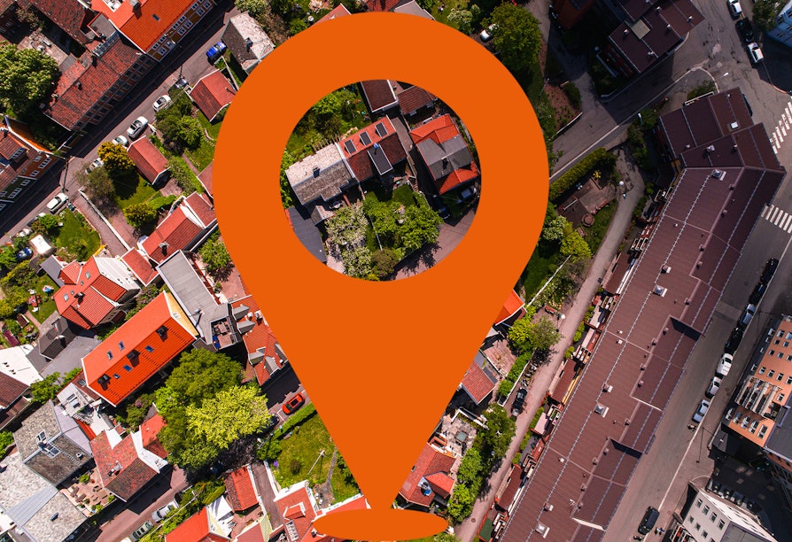 Flyfoto av Grunerløkka i Oslo. Nabolagets geotag er lagt oppå bildet.