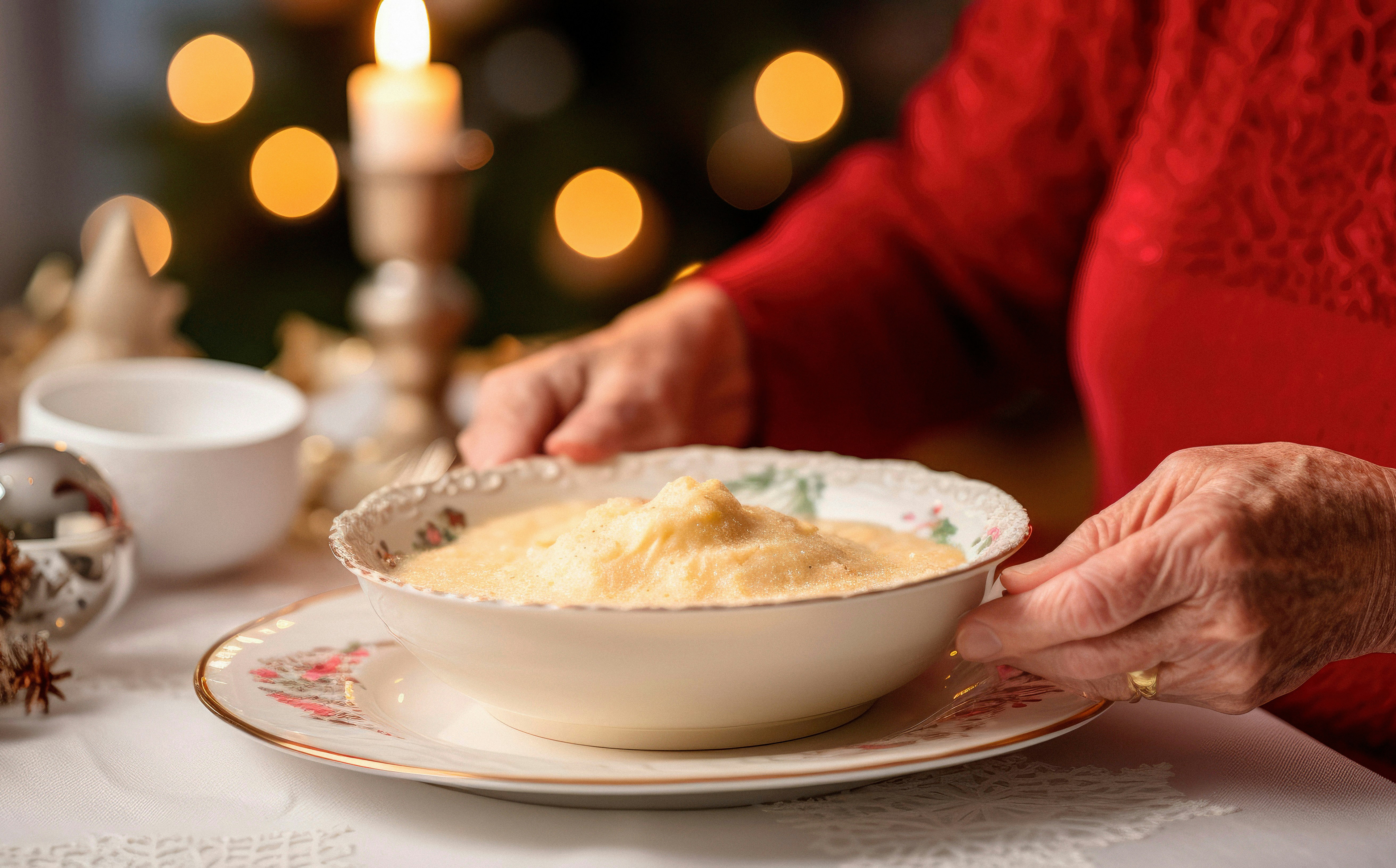 En bolle med grøt på julepynta bord