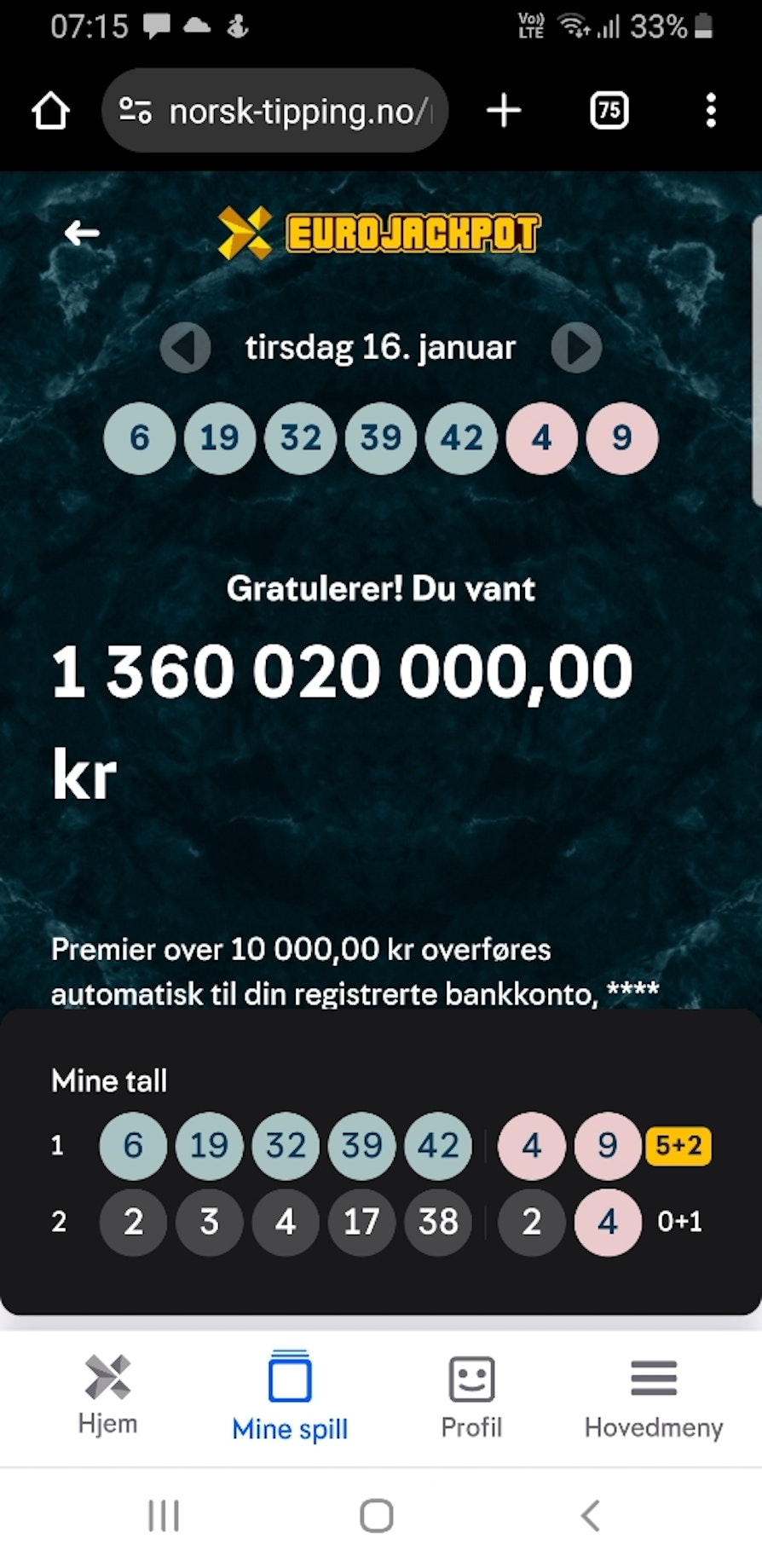 Bilde av spillkvittering, premiebekreftelse hos norsk Eurojackpotvinner som vant 1,3 milliarder kroner 16. januar 2023.
